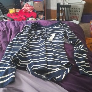 Navy & White Striped Henley Long Sleeve Top – Size M – NWT with Tags
